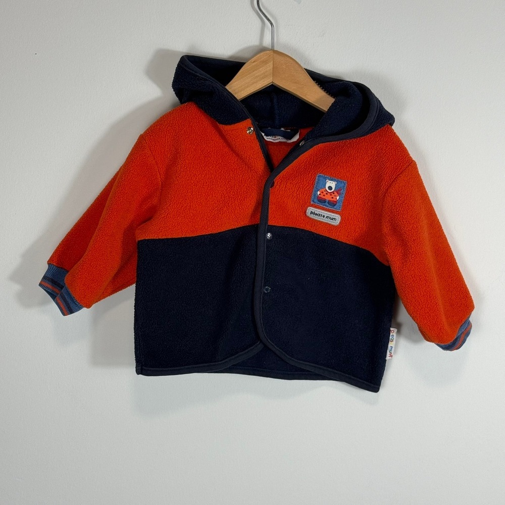 Please Mum Vintage Fleece Hoodie Orange Navy Blue Polar Bear Snap Jacket 12M